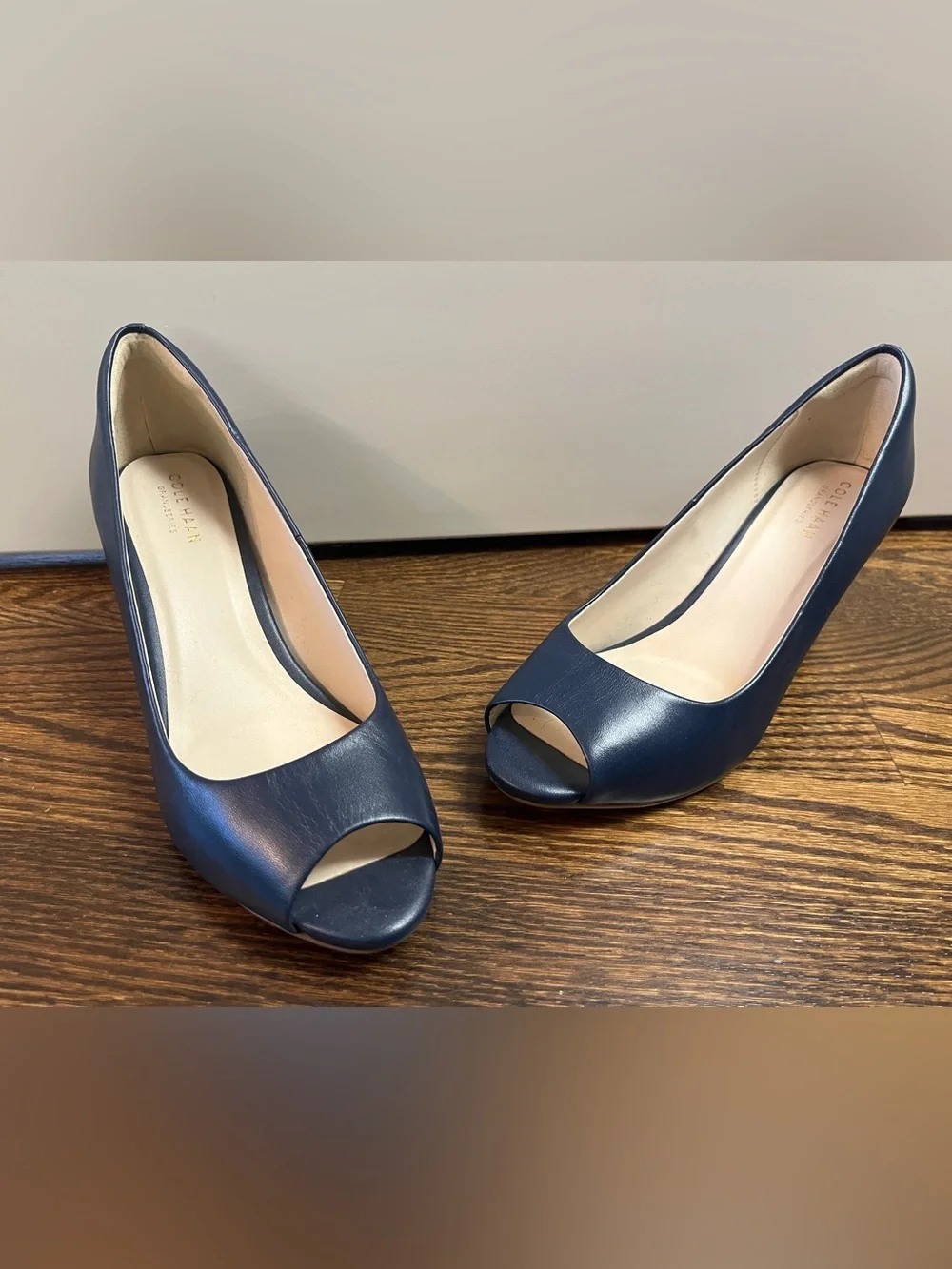 Cole Haan Navy Leather Peep-Toe Heels, size 8.5